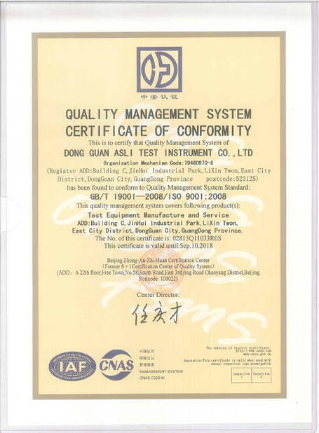 CHINA ASLi (China) Test Equipment Co., Ltd Certificações